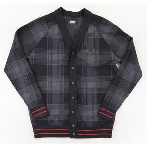 PXG Varsity V Neck Golf Cardigan Mens Small Black Gray Ombre Plaid Red Stripe